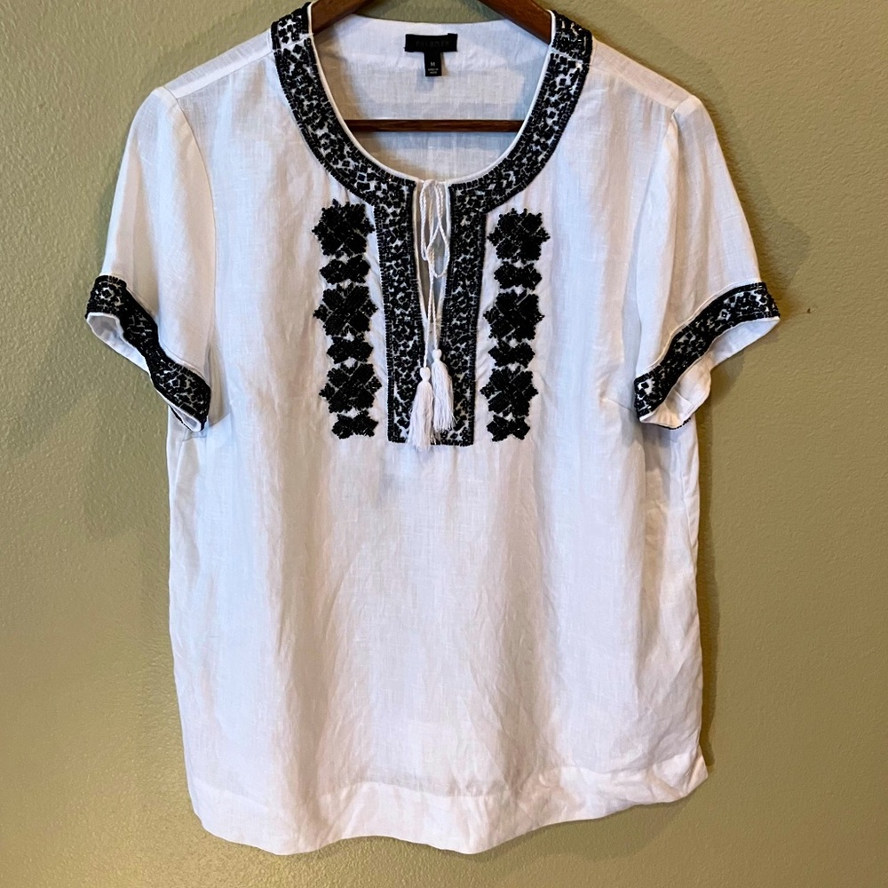 Talbots 100% Linen Tunic Blouse White Black Beaded w/Tassels, Medium
